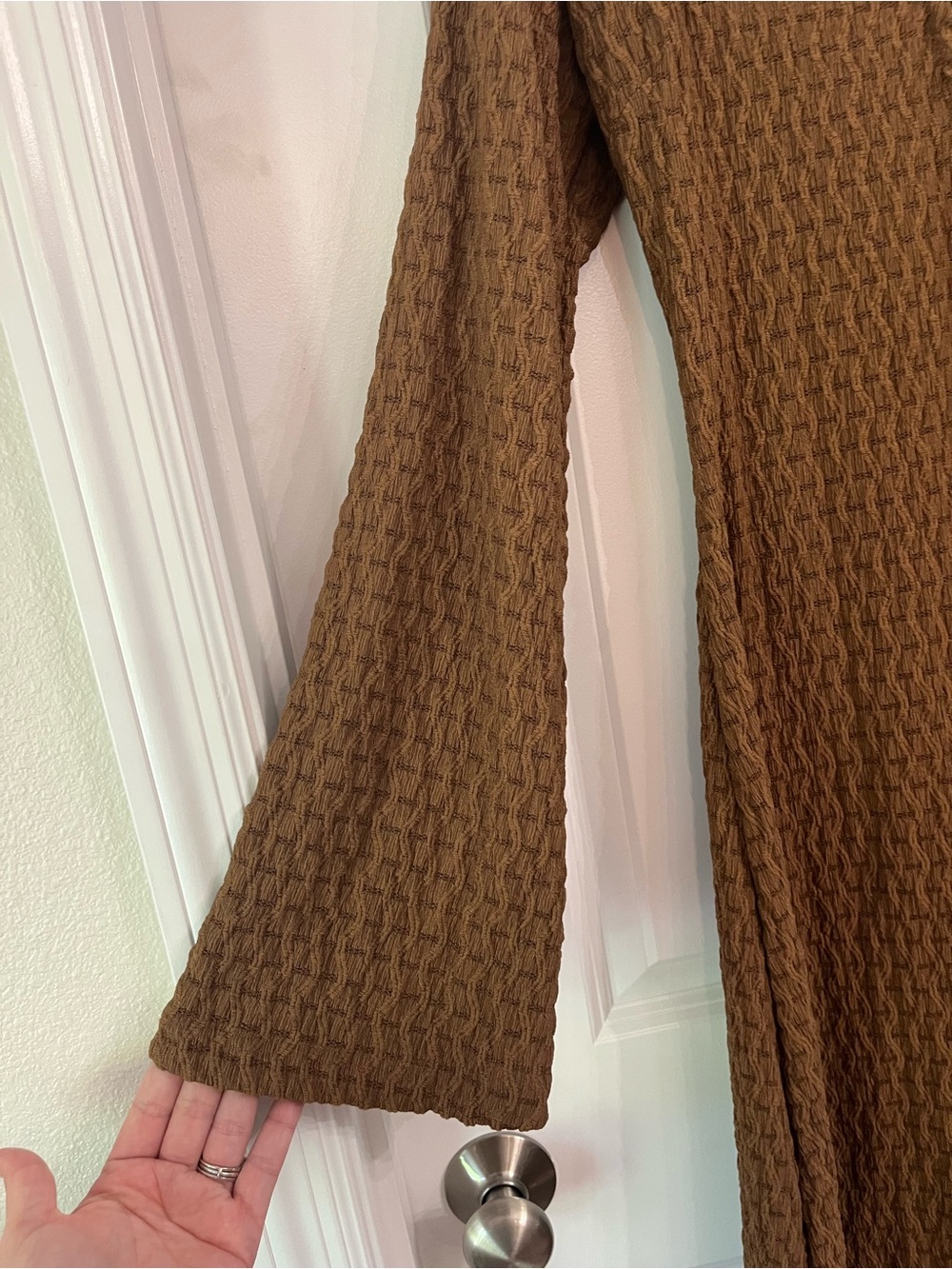 Dress Forum Brown Textured Maxi with Bell Sleeves Semi-Sheer V Neck Sz MED NWT - Picture 7 of 10